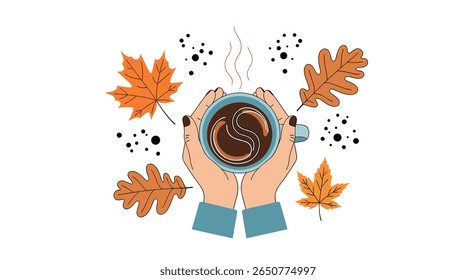 Cozy autumn evening warm drink in hands surrounded by falling leaves