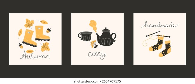 Cozy autumn fall illustration set for cards and social media featuring knitting hot drinks and walk with rubber boots in flat style