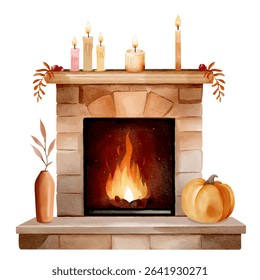 Cozy autumn fireplace with burning fire. Watercolor illustration with autumn decor
