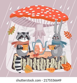 Cozy autumn flat illustration with hare and raccoon .Cartoon animal characters drink tea under fly agaric mushroom during rain.Vector colorful background for printing on fabric and paper,design card.