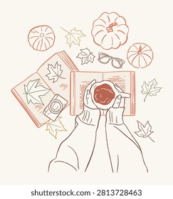 cozy autumn flat lay illustration of an open book, hands holding a warm drink, pumpkins, fall maple leaves, vintage camera, vintage glasses. Minimalist hand drawn ink line art for fall autumn designs,