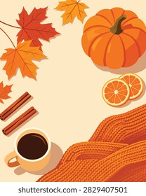 Cozy Autumn Flat Lay with Pumpkin, Maple Leaves, Coffee and Knitted Sweater, Seasonal Fall Lifestyle Composition