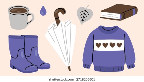 Acogedor conjunto de Ilustración vectorial plana de otoño con suéter, botas de goma, paraguas, taza de café, libro y hojas. Elementos hygge de otoño cálido para diseños de temporada, tarjetas, estampados y gráficos de estilo de vida.