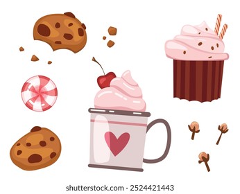 Cozy autumn food illustrations set - cacao with wipped cream, cupcake, hard candy, cloves, chocolate chip cookies, peppermint candy