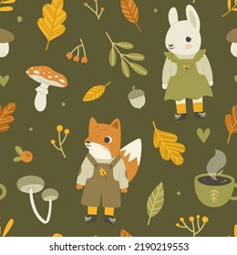 Cozy autumn forest pattern with cute dressed baby animals. Seamless vector fall print for kids fabric and nursery.
