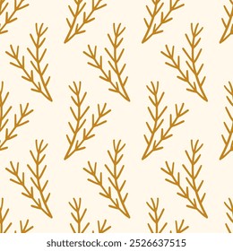 Cozy Autumn Forest Pine Branches Doodle Sketch Icons Seamless Pattern Background. Fall Design Elements Fabric Print Vector Illustration Vintage Retro Style