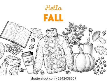 Cozy Autumn frame. Hand drawn vector illustration. Design elements. Set of book, pumpkin, coffee, sweater, leaves, mushroom, candle, acorn, twigs and berries. Hand drawn sketch.
