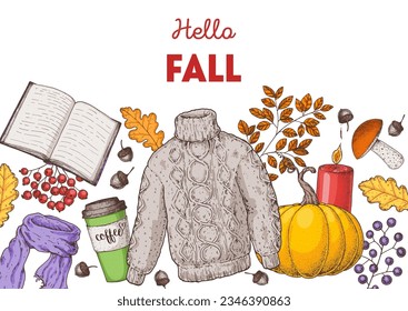 Cozy Autumn frame. Hand drawn vector illustration. Design elements. Set of book, pumpkin, coffee, sweater, leaves, mushroom, candle, acorn, twigs and berries. 