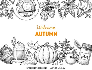 Cozy Autumn frame. Hand drawn vector illustration. Design elements. Set of  pumpkin, twigs, hot drink coffee, apple pie, acorn, leaves. Warm autumn. Hand drawn sketch.