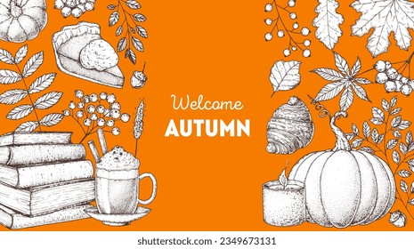Cozy Autumn frame. Hand drawn vector illustration. Design elements. Set of books, twigs, pumpkin, leaves, maple leaf, hot drink, candle, croissant, berries, piece of pie.