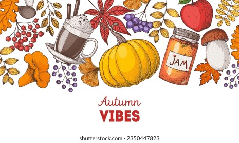 Marco acogedor de otoño. Ilustración vectorial dibujada a mano. Elementos de diseño. Conjunto de champiñones, calabaza, ramas, frasco de mermelada, bebida caliente, bayas, hojas. Vibes de otoño. Dibujo de mano