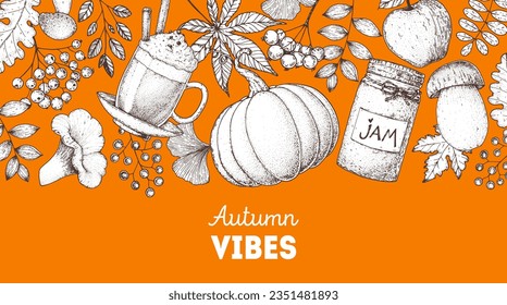 Marco acogedor de otoño. Ilustración vectorial dibujada a mano. Elementos de diseño. Conjunto de champiñones, calabaza, ramas, frasco de mermelada, bebida caliente, bayas, hojas. Vibes de otoño. Esbozo dibujado a mano.