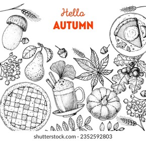 Cozy Autumn frame. Hand drawn vector illustration. Design elements. Set of pie, twigs, acorn, hot drink, pumpkin, leaves . Hand drawn sketch. 
