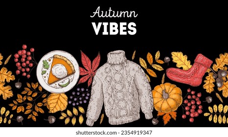Cozy Autumn frame. Hand drawn vector illustration. Design elements. Set of twigs, cake slice, sock, sweater, leaves, acorn, berries, pumpkin. Horizontal seamless.