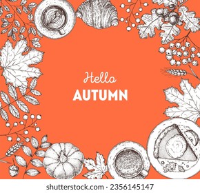 Cozy Autumn frame. Hand drawn vector illustration. Design elements. Set of autumn leaves, coffee, croissants, maple leaf, pumpkin, twigs. Hand drawn sketch.