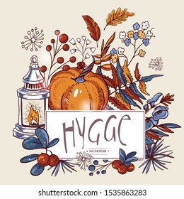 Cozy autumn greeting card, orange leaves, flowers, pine cone, berries, pumpkin, lantern and butterflies, vector hygge Illustration