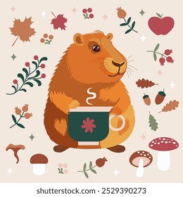 Gemütliche Herbst Guinea Schwein mit einer Tasse Tee. Ein süßes Meerschweinchen, das eine warme Tasse Tee genießt, umgeben von Herbstblättern, Pilzen, Beeren und Eicheln. Vektorgrafik