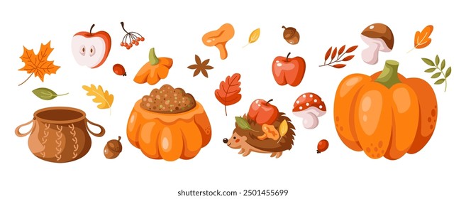 Cozy autumn and Halloween elements 2D cartoon objects set. Warm clothes and tasty food for fall season decoration flat line vector icons on white background