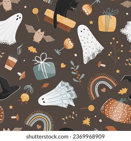 Cozy Autumn Halloween seamless pattern with pumpkins, black cat, ghosts, witch hat, books, bat and a rainbows. Vector background