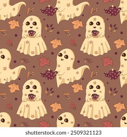 Cozy autumn Halloween seamless pattern with cute ghosts