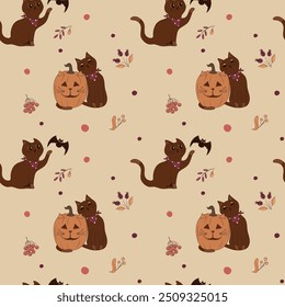 
Cozy autumn Halloween seamless pattern with cute cats