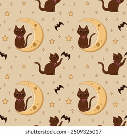 
Cozy autumn Halloween seamless pattern with cute cats