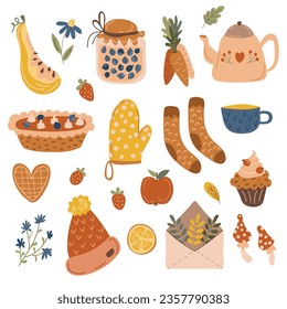 Cozy autumn. Hand drawing. A set of pie elements, a teapot, socks, a mitten, a hat, a cup, a carrot. Vector illustration