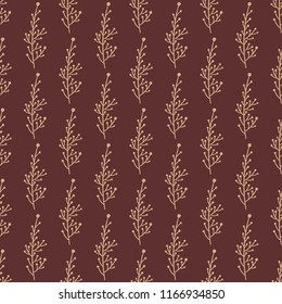 Cozy autumn hand drawn seamless vector pattern. Forest branches dark brown and beige doodle background. Botanic beautiful texture design for fabrics and home decor