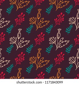 Cozy autumn hand drawn seamless vector pattern. Forest leaves and herbs dark violet background. Beautiful botanic texture design