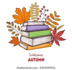Cozy Autumn. Hand drawn vector illustration. Design elements. Stack of books, twigs, and autumn leaves.