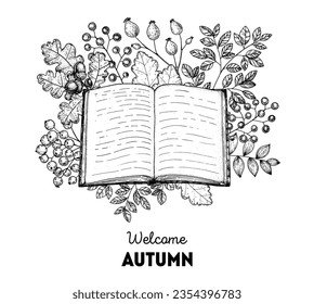 Acogedor otoño. Ilustración vectorial dibujada a mano. Elementos de diseño. libro abierto, ramas y hojas de otoño. Esbozo dibujado a mano. 
