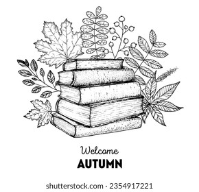 Gemütlicher Herbst. Handgezeichnete Vektorgrafik. Designelemente. Buchstapel, Zweige und Herbstblätter. Handgezeichnete Skizze. 