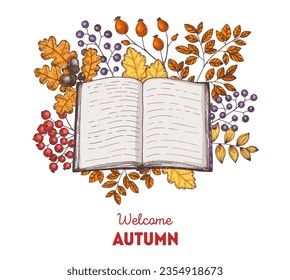 Cozy Autumn. Hand drawn vector illustration. Design elements. Open book, twigs, and autumn leaves. 