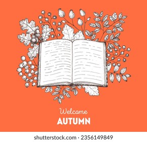 Cozy Autumn. Hand drawn vector illustration. Design elements. open book, twigs, and autumn leaves. Hand drawn sketch.