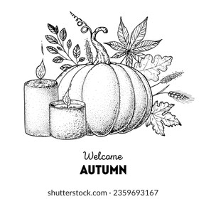 Gemütlicher Herbst. Handgezeichnete Vektorgrafik. Designelemente. Kürbis, Kerzen, Herbstblätter, Zweige. Handgezeichnete Skizze