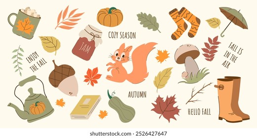 Cozy Autumn Hand Drawn Vector stickers set. Cute Fall elements Leaves, pumpkin, umbrella, hot chocolate, kettle, mushroom, squirrel, acorn, socks, coffee, jam, fall leaves, boots, book, inscription.