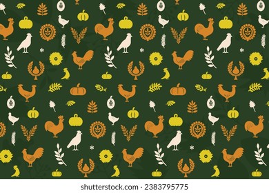 A Cozy Autumn Harvest Pattern with Chickens, Pumpkins, and Sunflowers