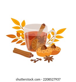 Cozy autumn herbal tea or mulled wine with berries, lemon and spices on white background. Hand drawn hot drink and pie vector illustration. 