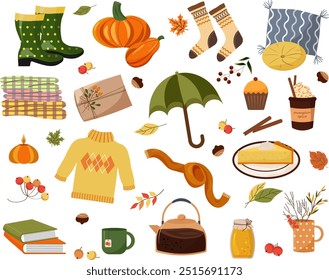 Cozy autumn in hygge style. Pillows and blanket. Rubber boots, sweater and socks. Pumpkin pie and cocoa with spices. Teapot with cup. Autumn plants with leaves and berries. Vector illustration