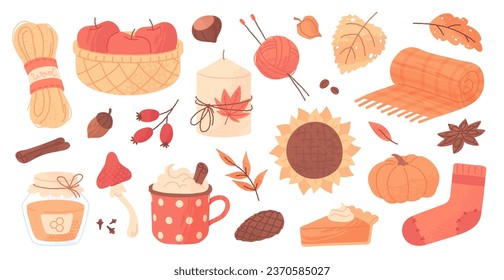 Cozy autumn icons, apples in basket, candles, pumpkin pie, sunflower. Hand drawn fall season elements, wool yarn ball with knitting needles, acorns and mushrooms, hot cocoa doodle sticker vector set