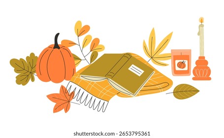 Acolhedor Ilustração de outono com Livro, Cobertor, Abóboras, Folhas e Velas Decorativas, Perfeito para Pôsteres, Cartões de Saudação ou Design Web Sazonal