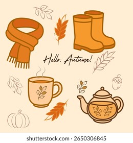 Cozy autumn illustration with boots, scarf, teapot, and warm drink. Hand-drawn fall elements with warm colors and "Hello Autumn!" text.
