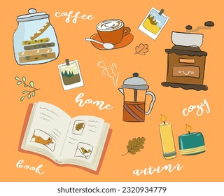Cozy autumn illustration, a coffee grinder with a cappuccino mug, a kettle with coffee, photographs with a landscape, a book with illustrations, cookies in a jar and candles