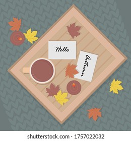 Cozy autumn illustration. A Cup of cocoa, autumn leaves, notes. Hello autumn 2