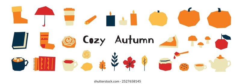 Cozy Autumn Illustration in cut out style with Warm Beverages, Fall Leaves, Pumpkins, Candles, and Seasonal Comforts 