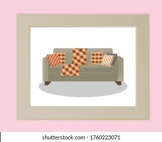 Cozy autumn illustration. Grey sofa, decorated with pillows and a blanket.  Hello autumn, Autumn Clipart, vector illustration. Autumn Scene Art Print, Digital Drawing,  Wall Décor