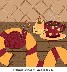 Cozy autumn illustration with knitting, tea and candle