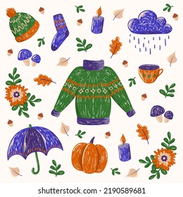 Gemütliche Herbstgrafik, Set von Elementen, Kürbis, Kerzen, Pilze, Pullover, Socken, Schlamm, Regenschirm, Wolken.