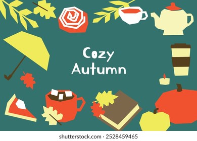 Cozy Autumn Illustration with Umbrella, Warm Drink, Pumpkin, and Fall Leaves Seasonal Autumn Cozy Fall Vibes