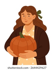 Cozy autumn illustration of a woman holding a large pumpkin. She wears a floral dress and a brown cardigan, with a green ribbon in her hair. The scene evokes warm fall vibes, harvest season